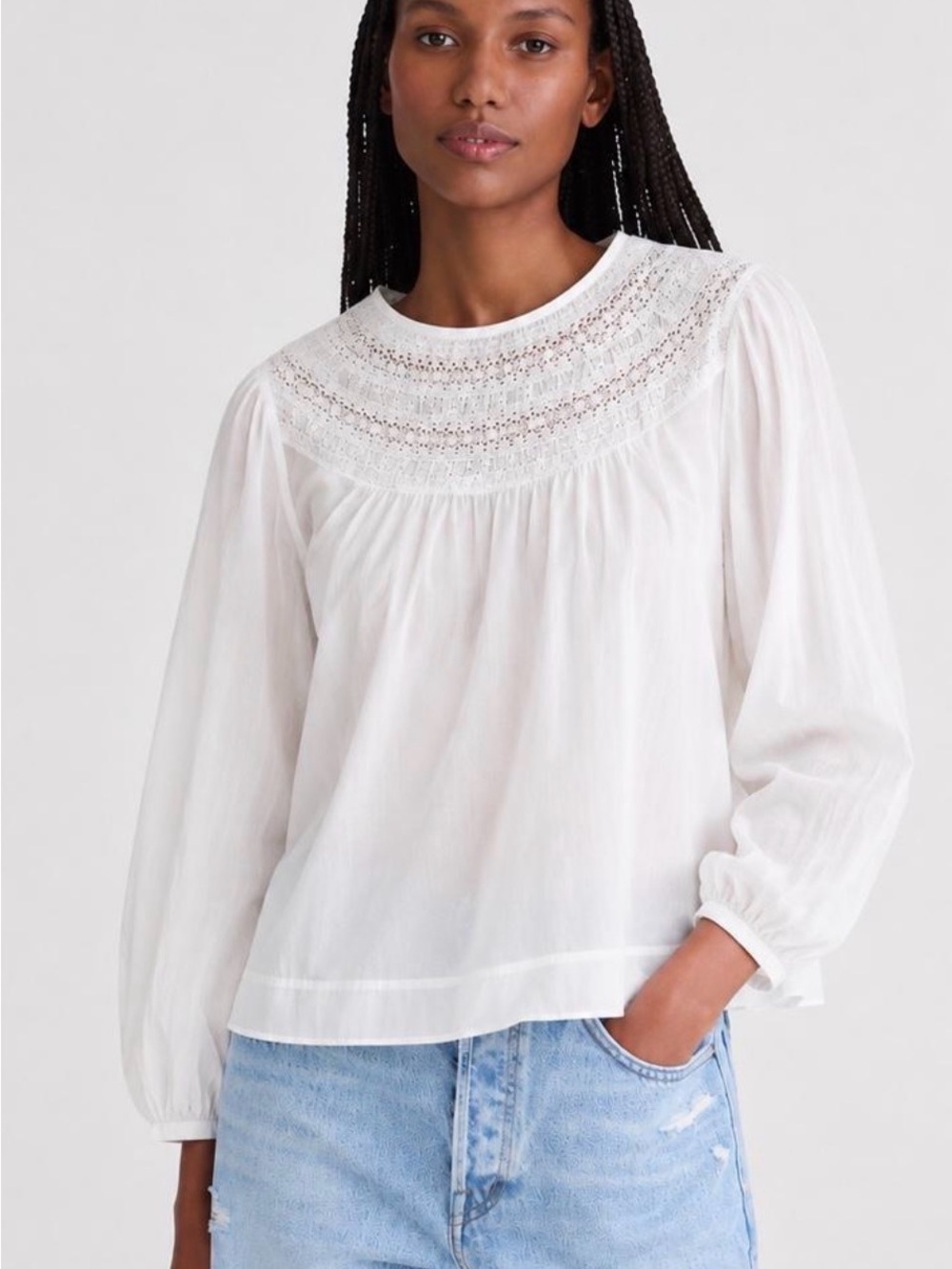 Madewell White Lace Yoke Peasant Blouse Top size Small